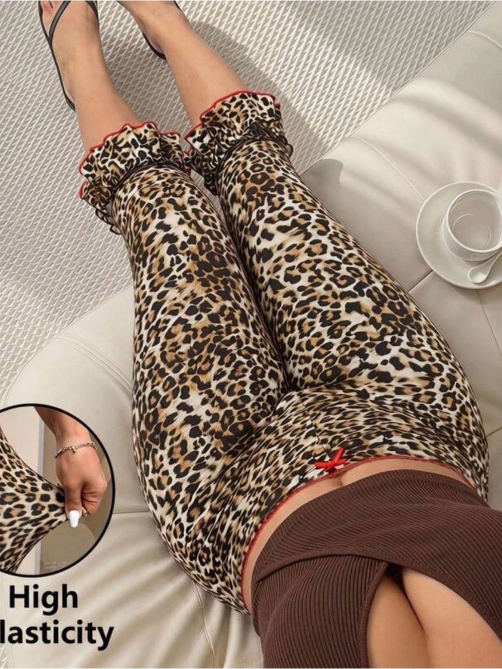 Leopard Print Stretch Ruffle Hem Leggings